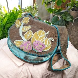 Rising Tide Women's 100% Felted Wool Saddle Bag Purse with Rose Flower Detail